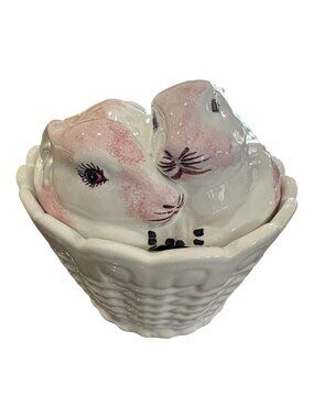 Vintage Italian Majolica Lidded Ceramic Bunny Basket Bowl Jay Willfred Costa
